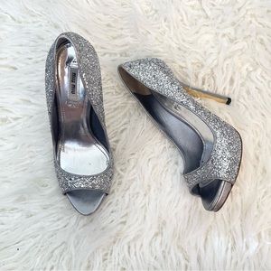 MIU MIU Glitter Open Toe Platform Pumps